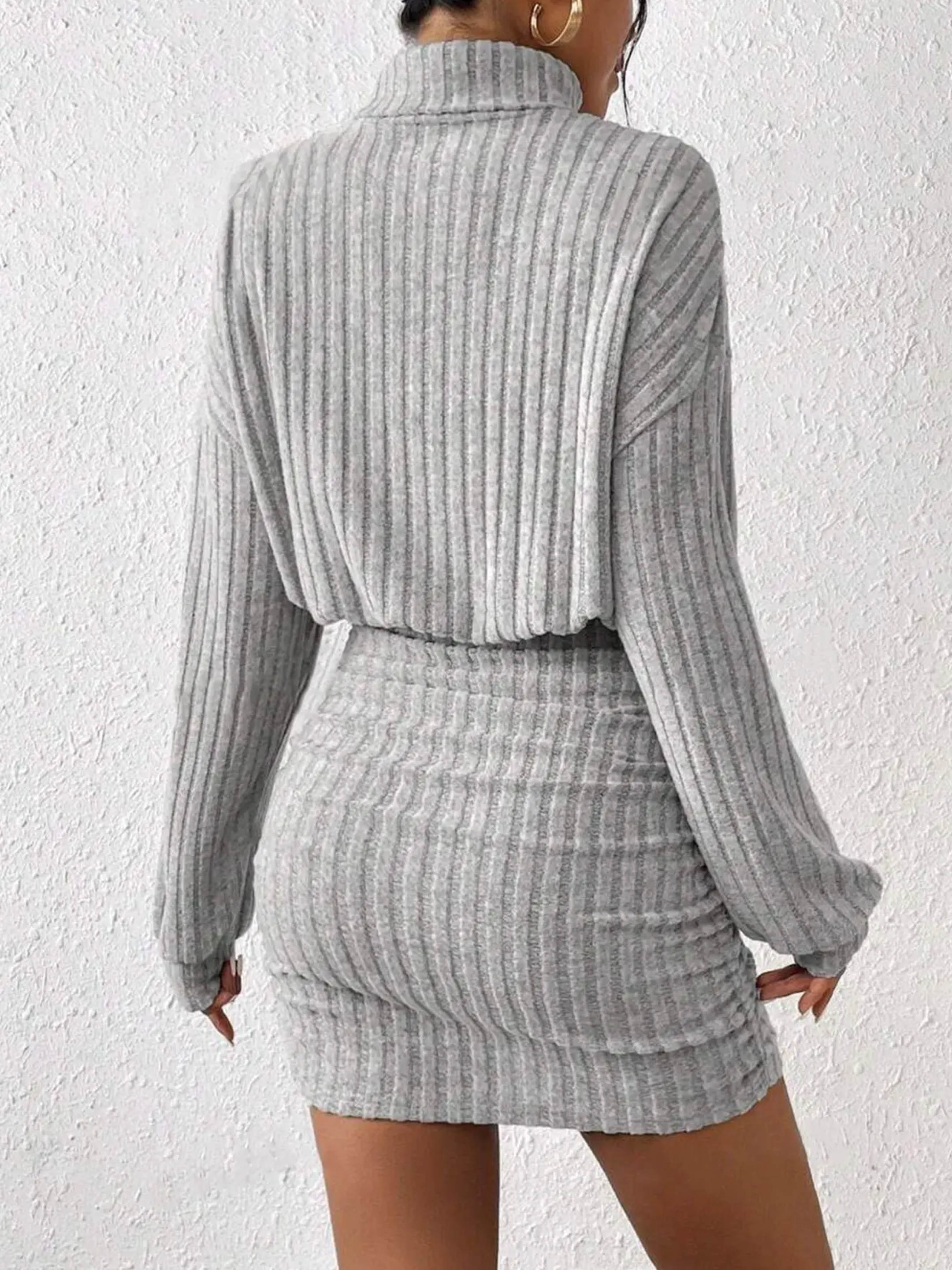 Ottilie Ribbed Knit Turtleneck Long Sleeve Midi Dress in Gray