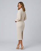 Ottilie Ribbed Knit Turtleneck Long Sleeve Midi Dress in Apricot