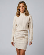 Ottilie Ribbed Knit Turtleneck Long Sleeve Midi Dress in Apricot