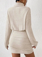 Ottilie Ribbed Knit Turtleneck Long Sleeve Midi Dress in Apricot