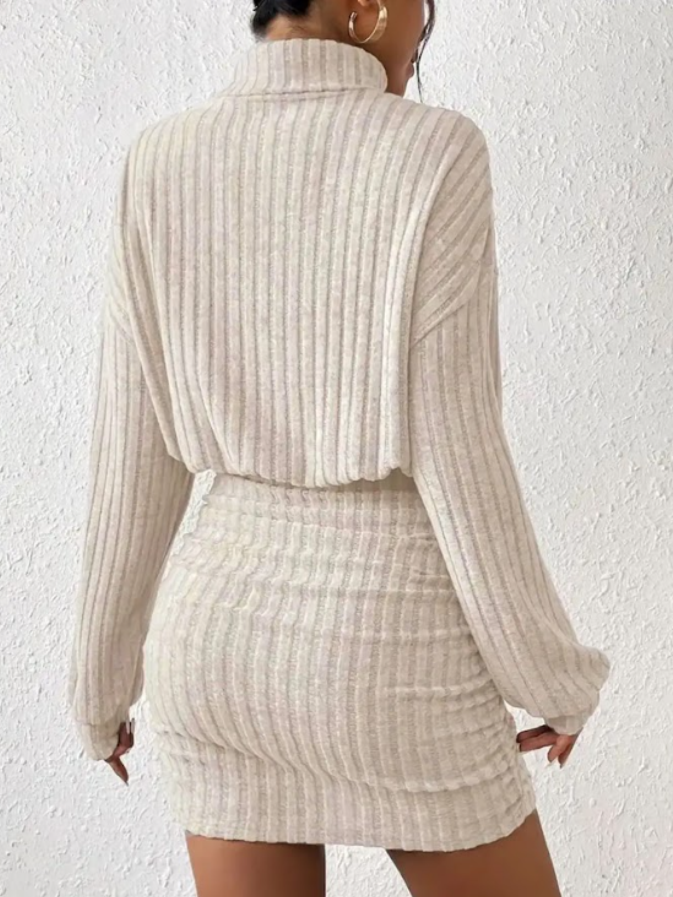 Ottilie Ribbed Knit Turtleneck Long Sleeve Midi Dress in Apricot