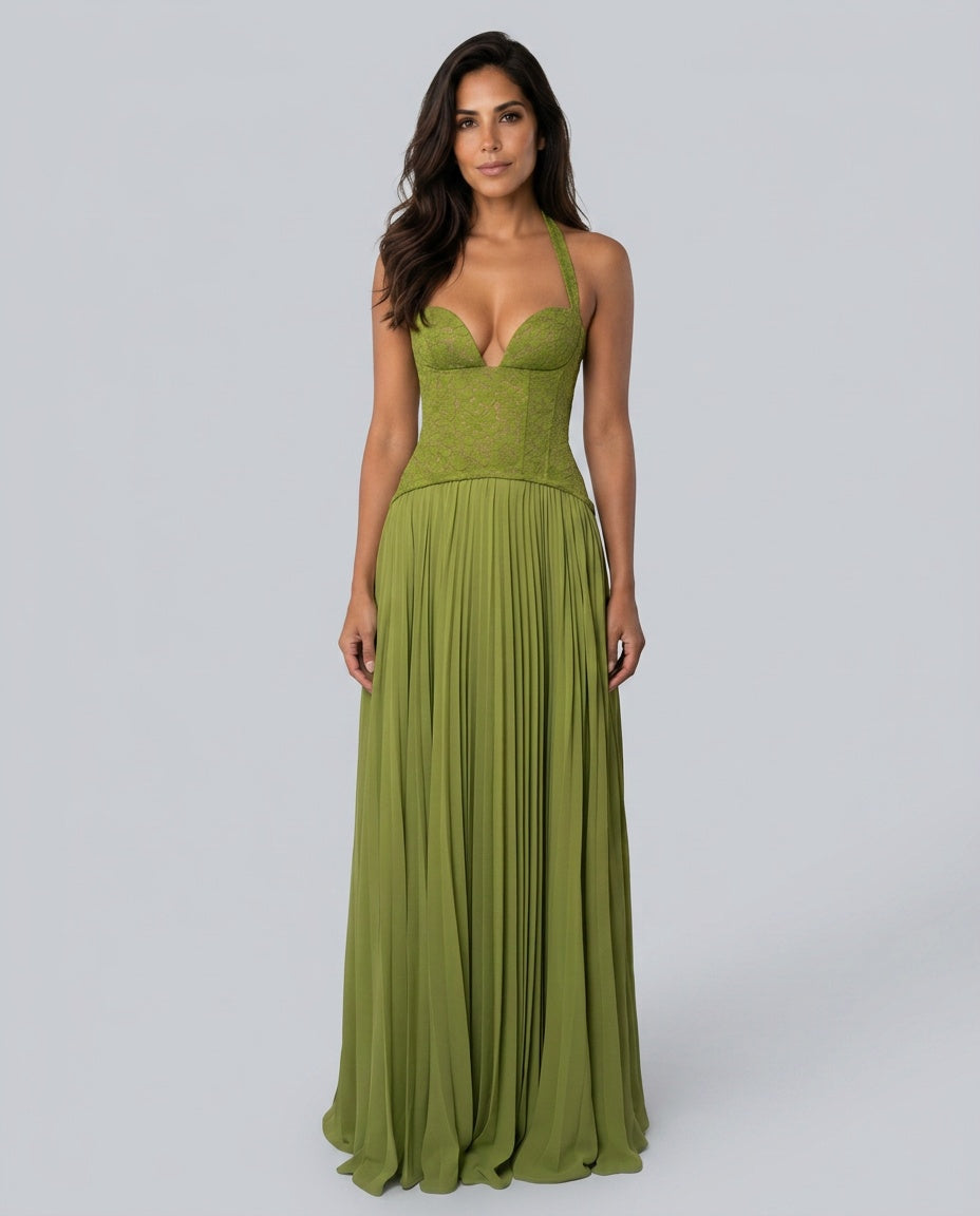Ottilie Sweetheart Lace Bodice Pleated Chiffon Maxi Dress in Green