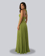 Ottilie Sweetheart Lace Bodice Pleated Chiffon Maxi Dress in Green