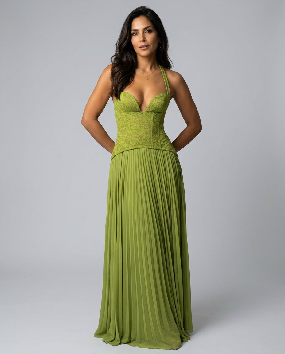 Ottilie Sweetheart Lace Bodice Pleated Chiffon Maxi Dress in Green