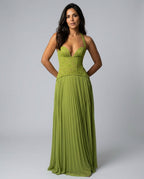 Ottilie Sweetheart Lace Bodice Pleated Chiffon Maxi Dress in Green