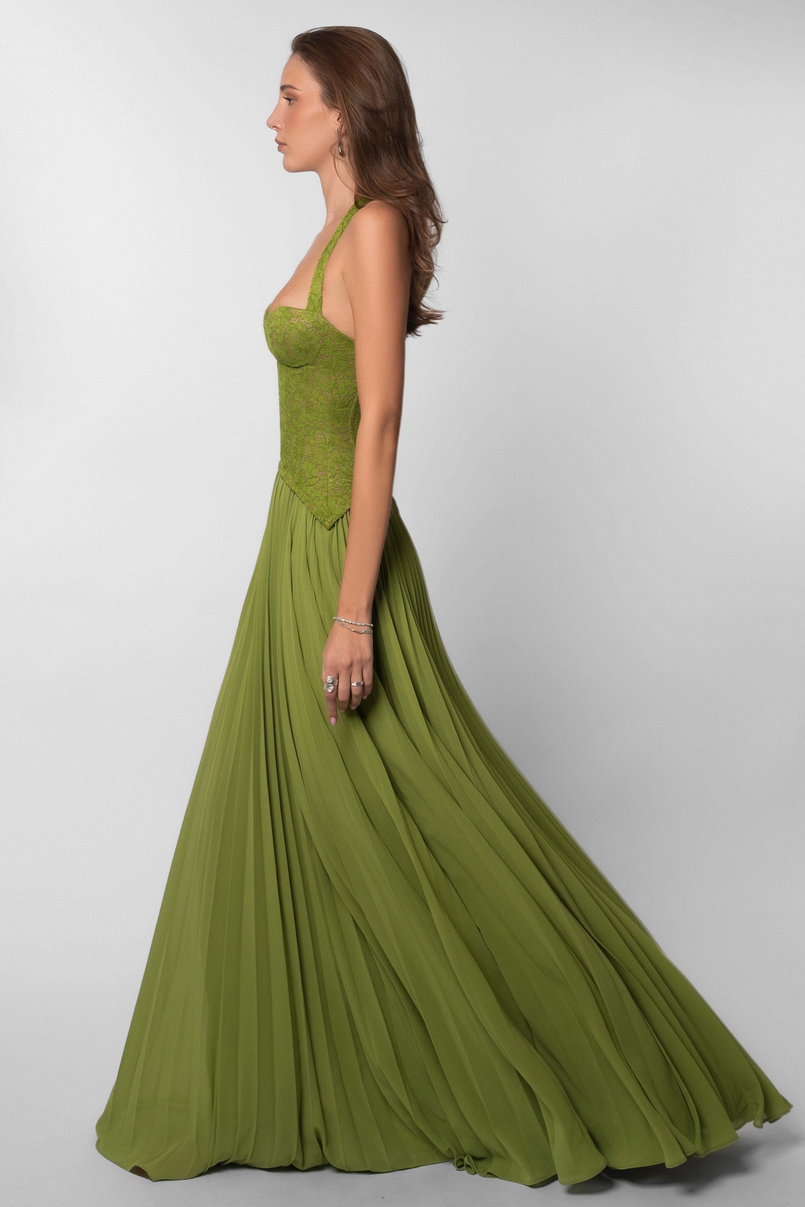 Ottilie Sweetheart Lace Bodice Pleated Chiffon Maxi Dress in Green