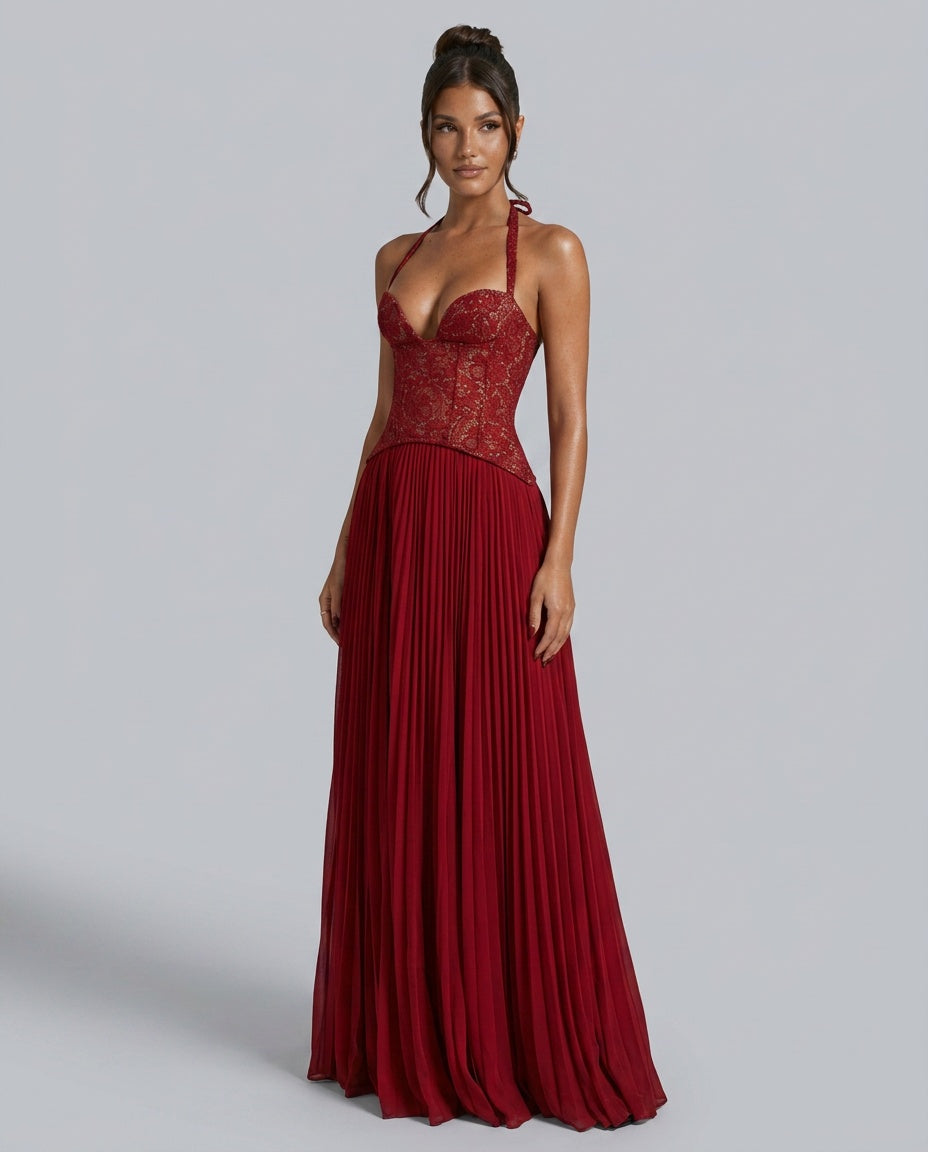 Ottilie Sweetheart Lace Bodice Pleated Chiffon Maxi Dress in Red
