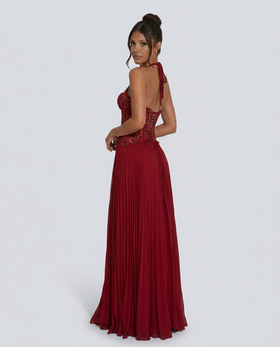 Ottilie Sweetheart Lace Bodice Pleated Chiffon Maxi Dress in Red
