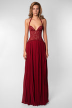 Ottilie Sweetheart Lace Bodice Pleated Chiffon Maxi Dress in Red