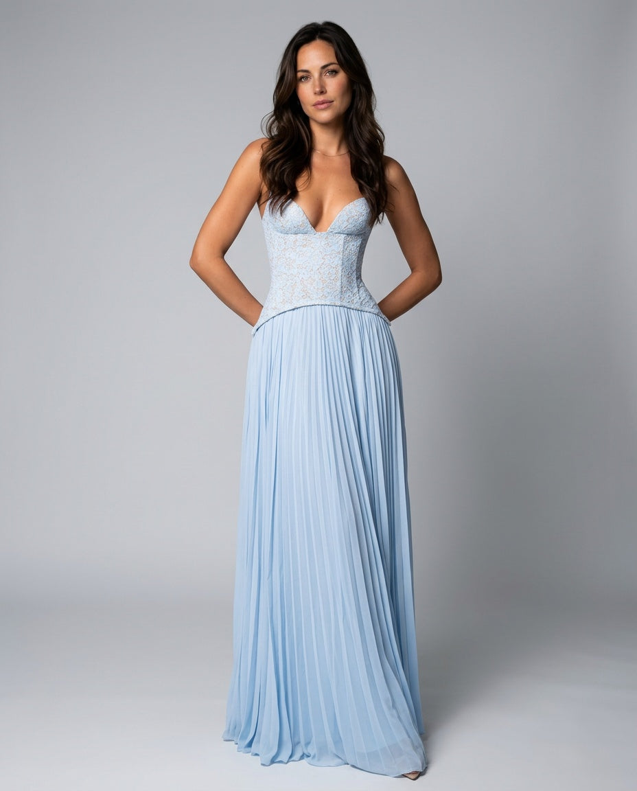Ottilie Sweetheart Lace Bodice Pleated Chiffon Maxi Dress in Red