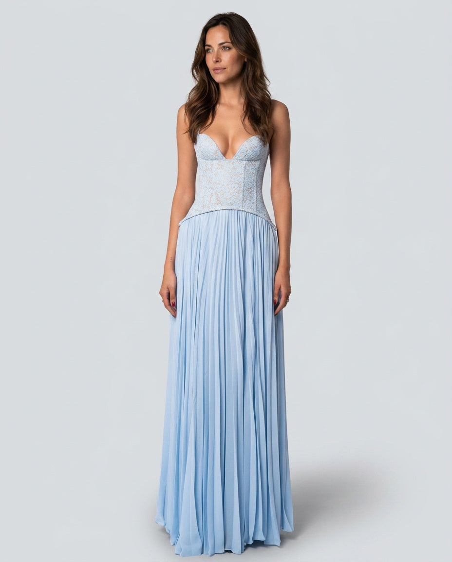 Ottilie Sweetheart Lace Bodice Pleated Chiffon Maxi Dress in Blue
