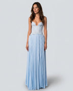 Ottilie Sweetheart Lace Bodice Pleated Chiffon Maxi Dress in Blue