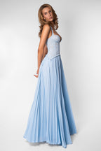 Ottilie Sweetheart Lace Bodice Pleated Chiffon Maxi Dress in Blue