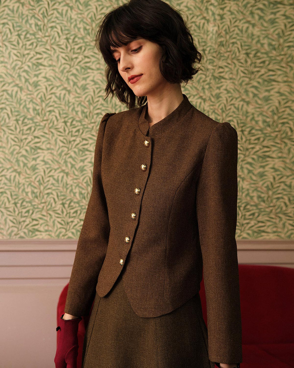 Ottoline Single Breasted Tweed Look Jacket in Brown in Brown