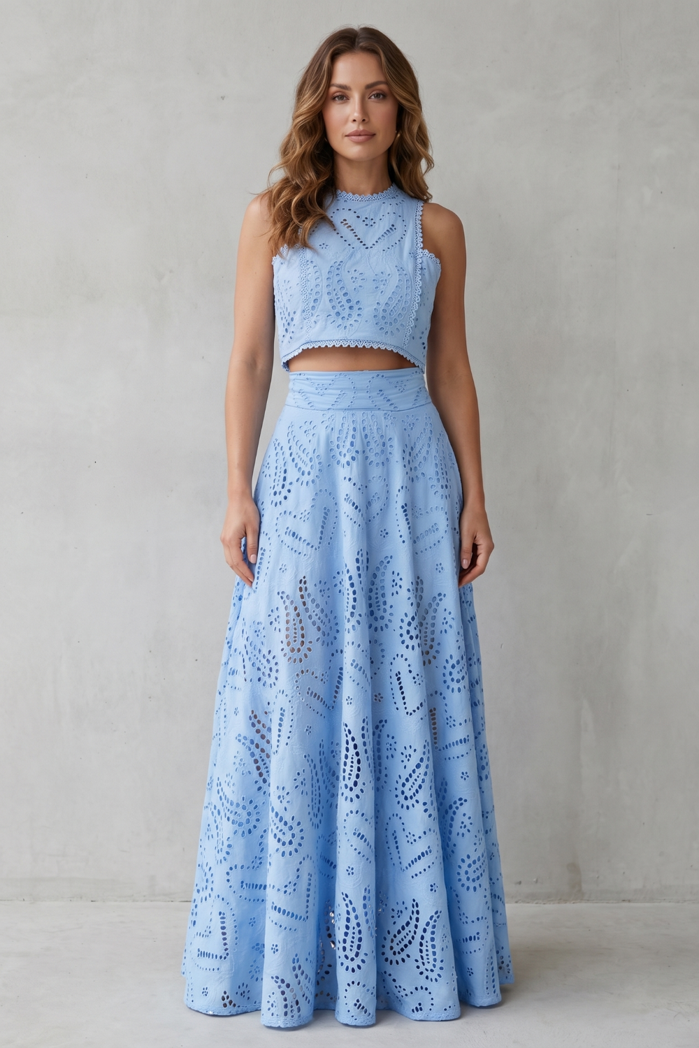 Parivelle Embroidered Lace Crop Top and Midi Skirt Set in Blue