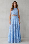 Parivelle Embroidered Lace Crop Top and Midi Skirt Set in Blue