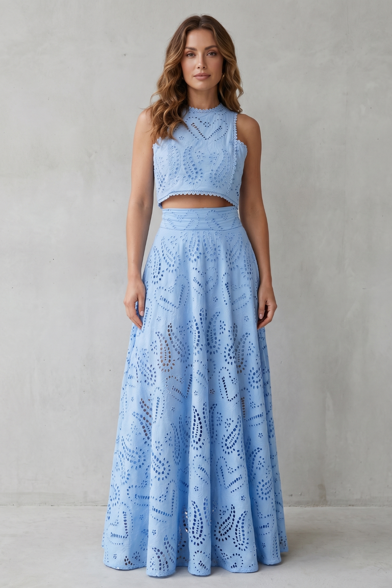 Parivelle Embroidered Eyelet Crop Top and Maxi Skirt Set in Blue