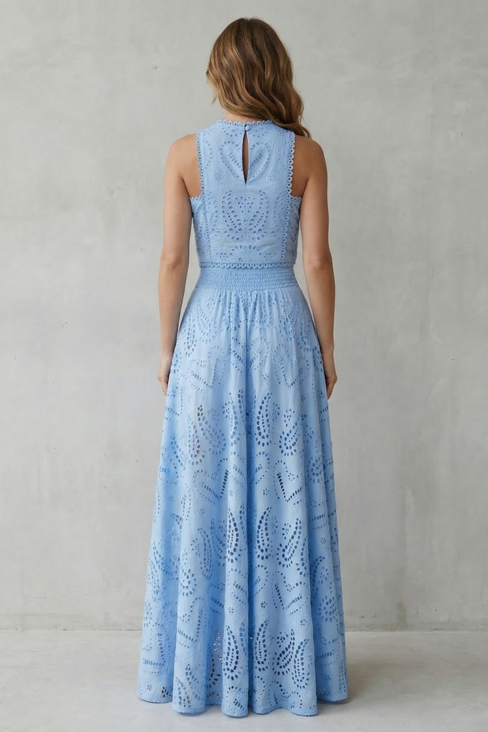 Parivelle Embroidered Lace Crop Top and Midi Skirt Set in Blue