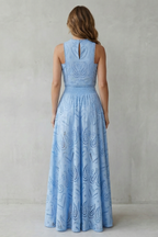 Parivelle Embroidered Lace Crop Top and Midi Skirt Set in Blue