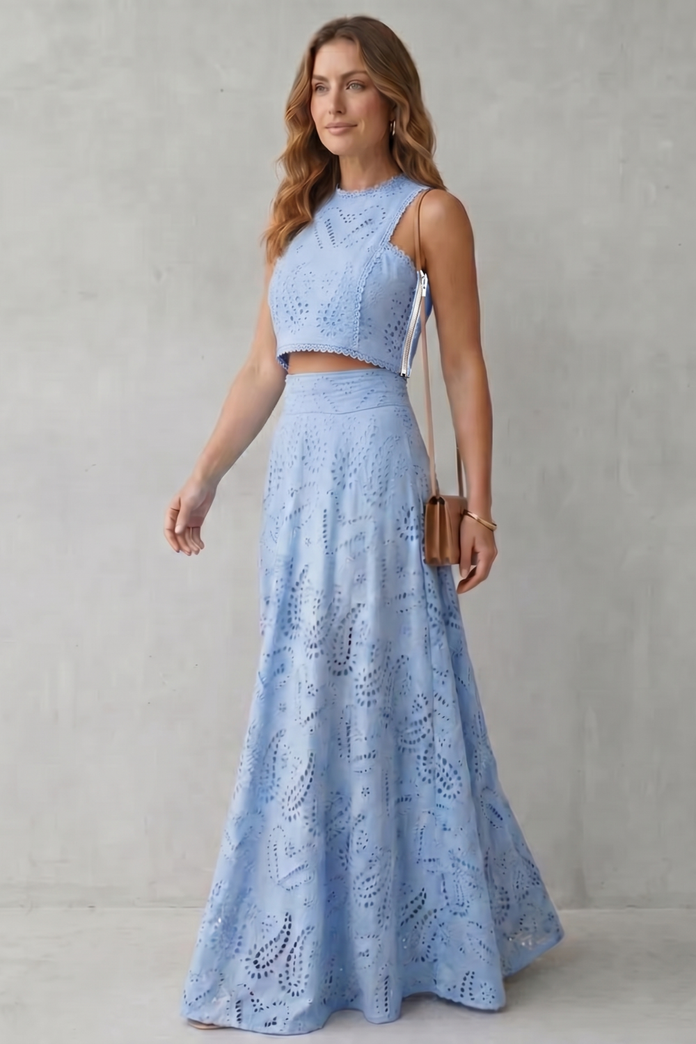 Parivelle Embroidered Lace Crop Top and Midi Skirt Set in Blue