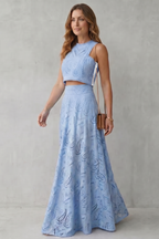 Parivelle Embroidered Lace Crop Top and Midi Skirt Set in Blue