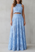 Parivelle Embroidered Lace Crop Top and Midi Skirt Set in Blue
