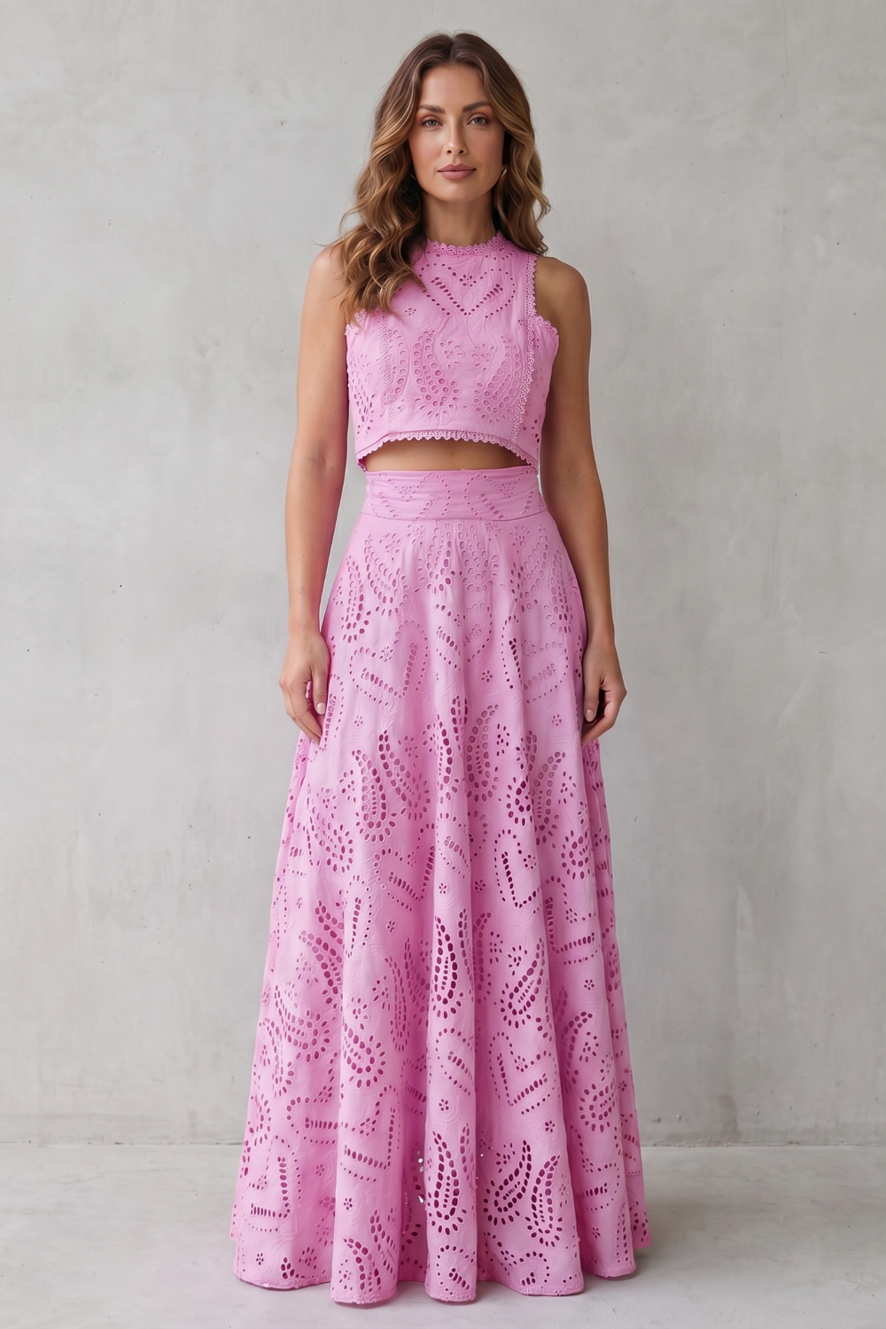 Parivelle Embroidered Lace Crop Top and Midi Skirt Set in Pink