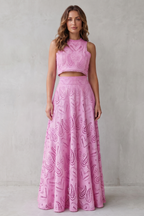 Parivelle Embroidered Lace Crop Top and Midi Skirt Set in Pink