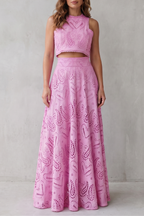 Parivelle Embroidered Lace Crop Top and Midi Skirt Set in Pink