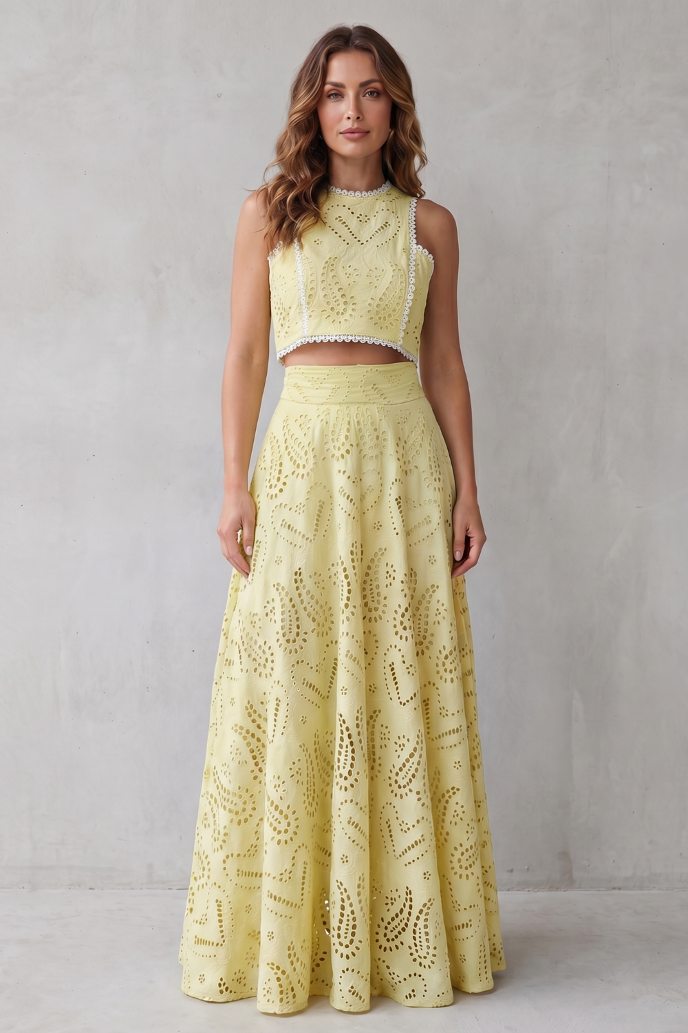 Parivelle Embroidered Lace Crop Top and Midi Skirt Set in Yellow