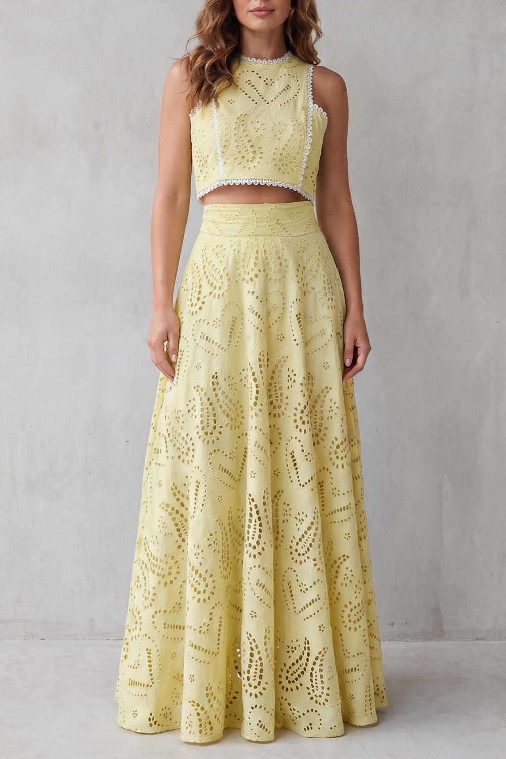 Parivelle Embroidered Lace Crop Top and Midi Skirt Set in Yellow