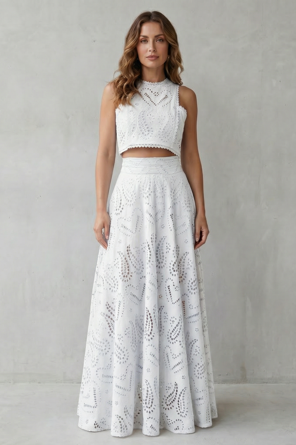 Parivelle Embroidered Lace Crop Top and Midi Skirt Set in White