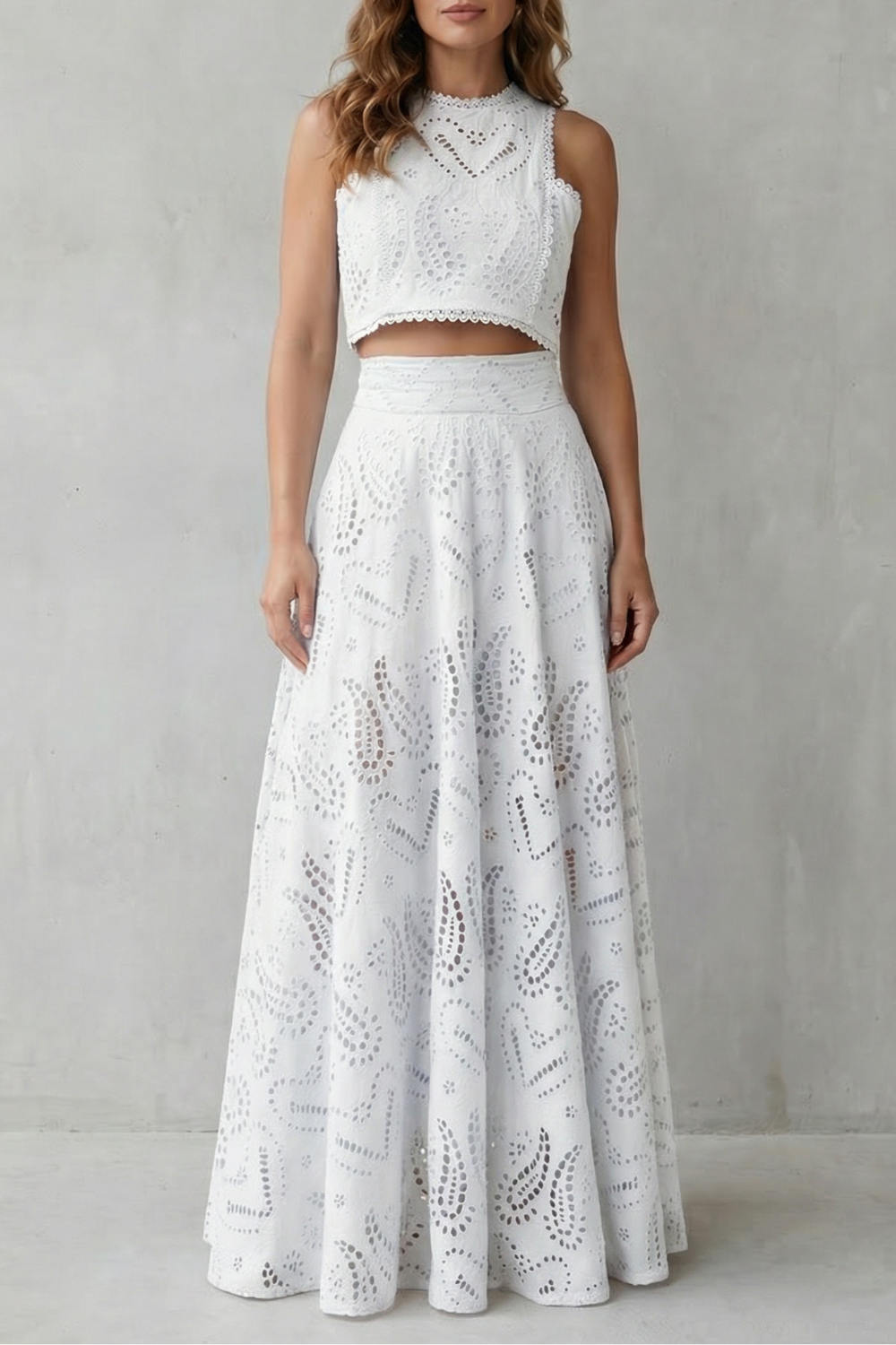 Parivelle Embroidered Lace Crop Top and Midi Skirt Set in White