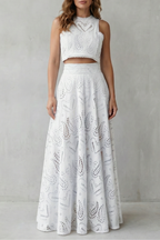 Parivelle Embroidered Lace Crop Top and Midi Skirt Set in White