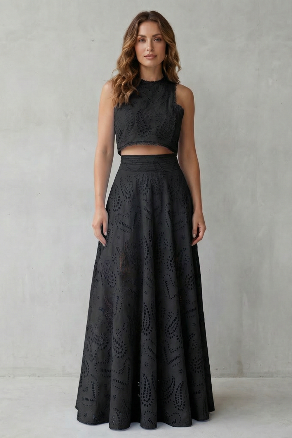 Parivelle Embroidered Lace Crop Top and Midi Skirt Set in Black