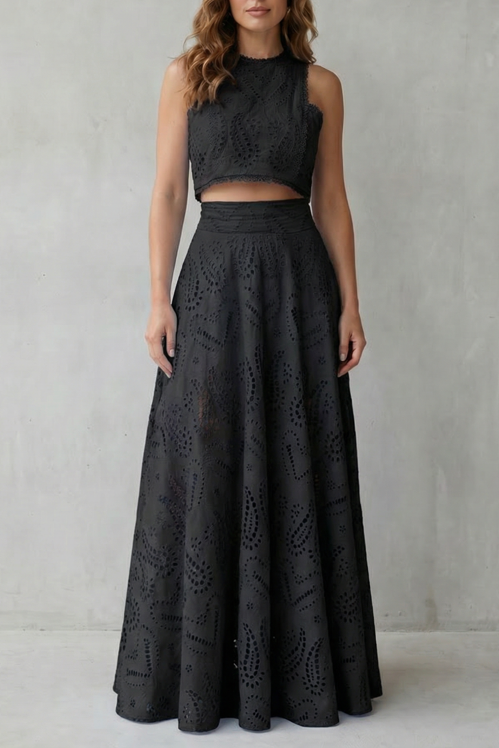 Parivelle Embroidered Lace Crop Top and Midi Skirt Set in Black