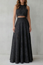Parivelle Embroidered Lace Crop Top and Midi Skirt Set in Black
