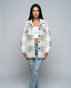 Piper Check Print Sherpa Jacket with Button Front in Gray