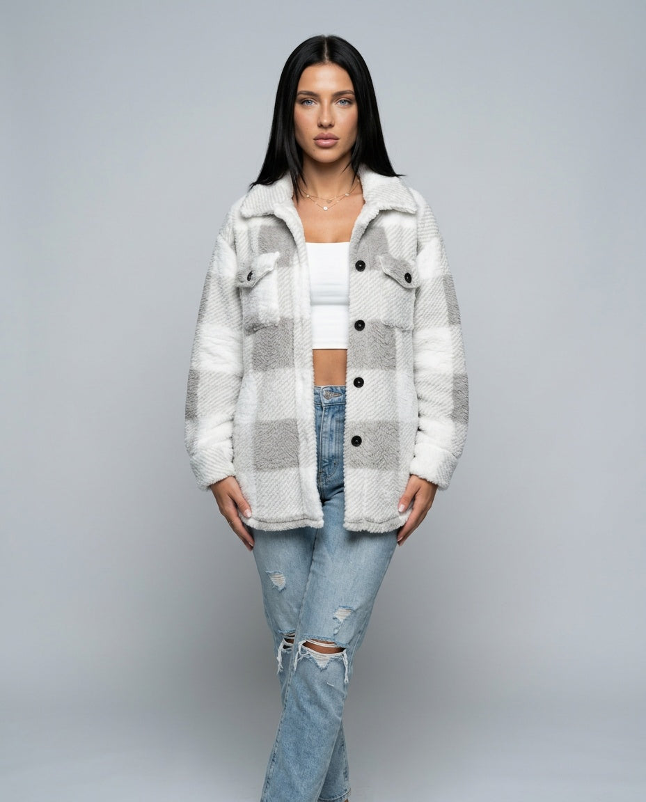 Piper Check Print Sherpa Jacket with Button Front in Gray