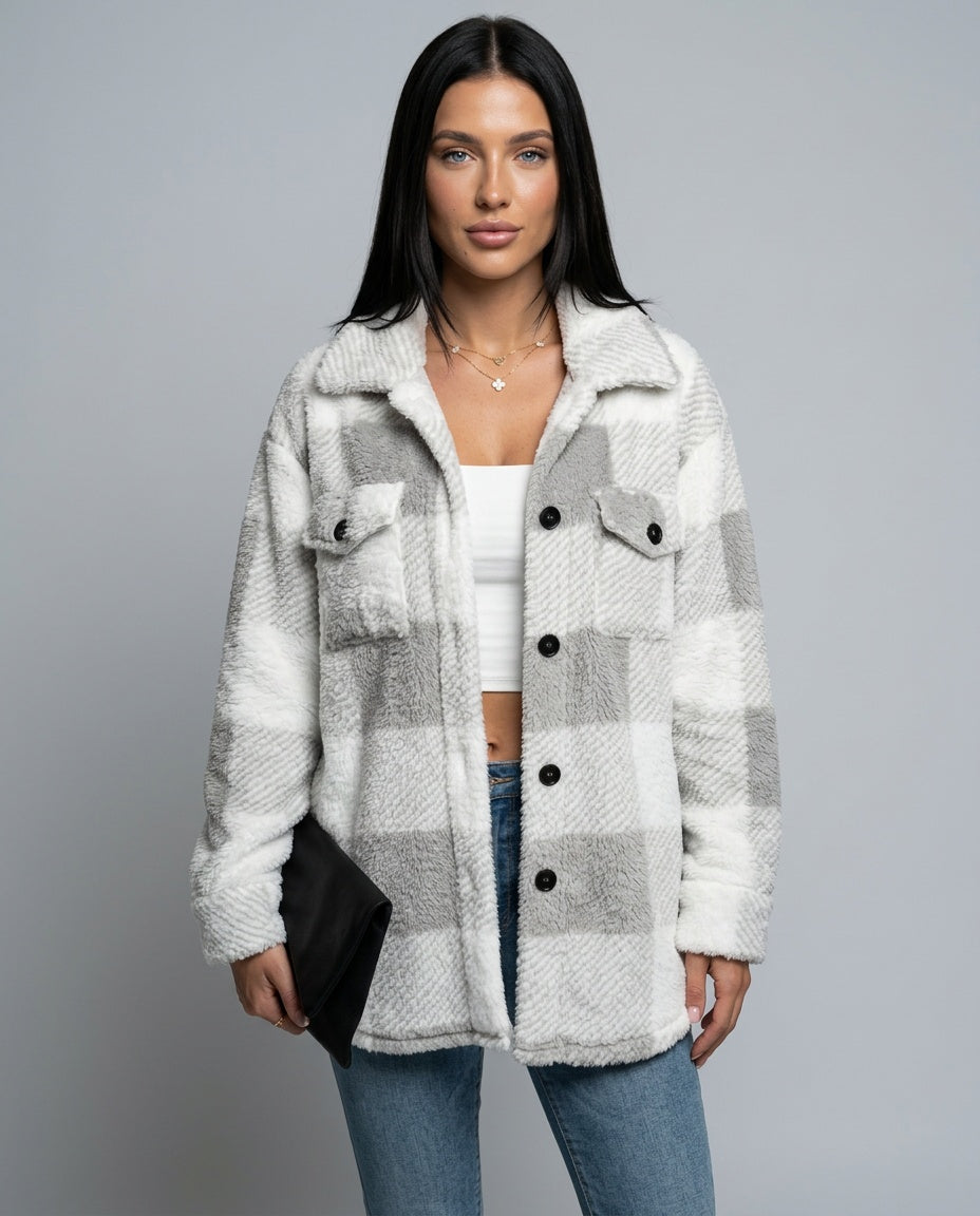 Piper Check Print Sherpa Jacket with Button Front in Gray