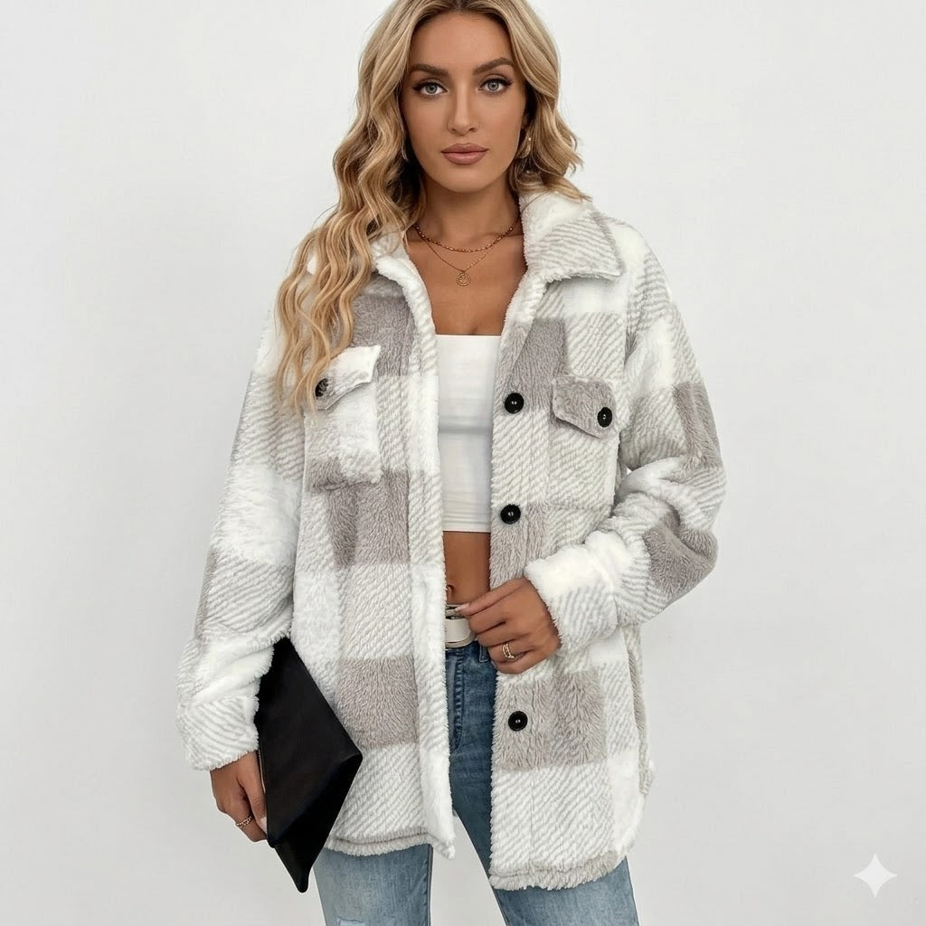 Piper Check Print Sherpa Jacket with Button Front in Gray