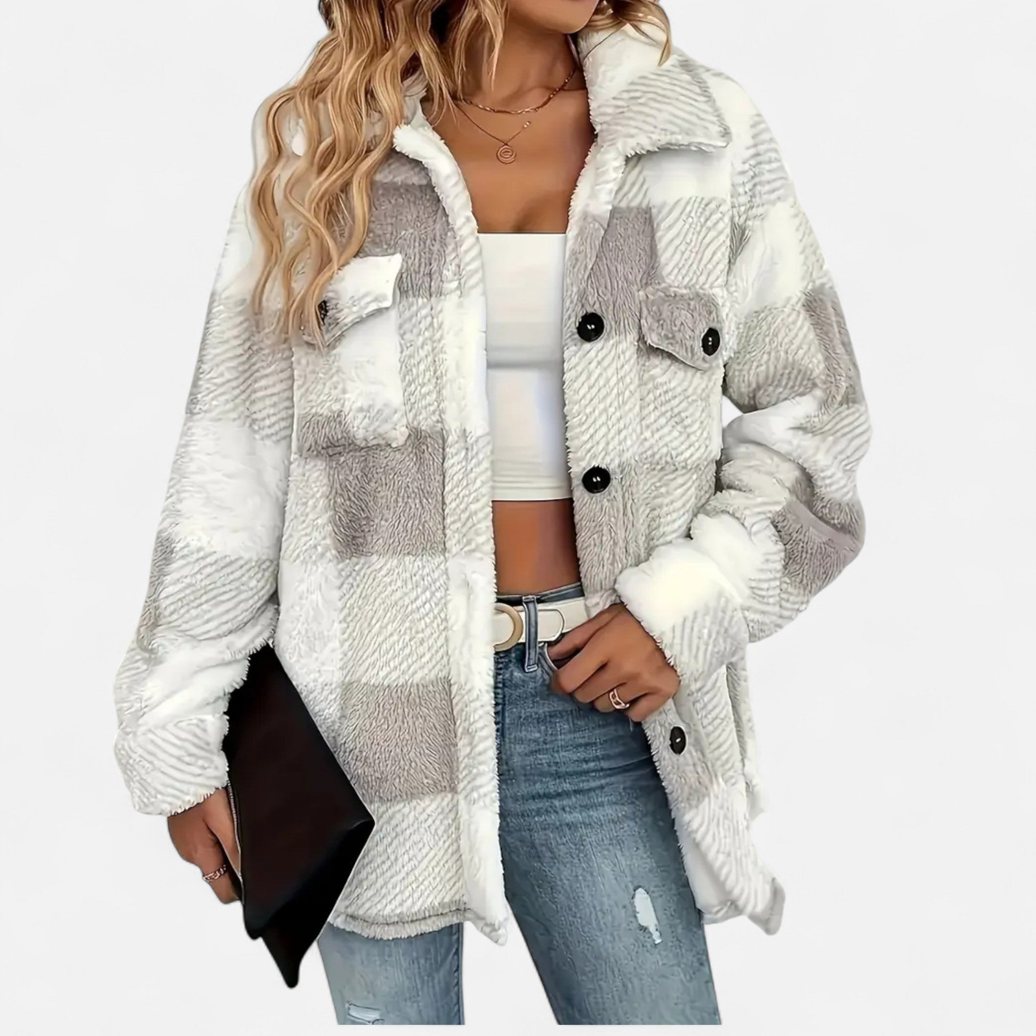Piper Check Print Sherpa Jacket with Button Front in Gray