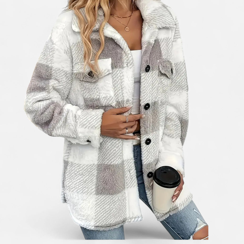 Piper Check Print Sherpa Jacket with Button Front in Gray