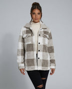 Piper Check Print Sherpa Jacket with Button Front in Khaki