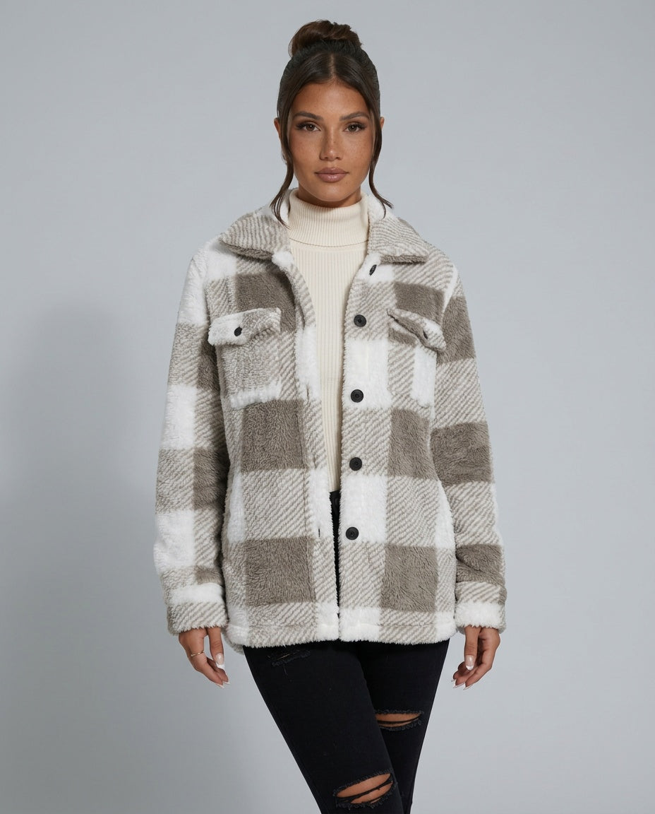 Piper Check Print Sherpa Jacket with Button Front in Khaki
