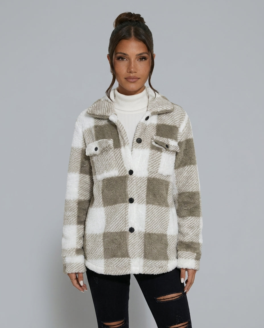 Piper Check Print Sherpa Jacket with Button Front in Khaki