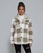 Piper Check Print Sherpa Jacket with Button Front in Khaki