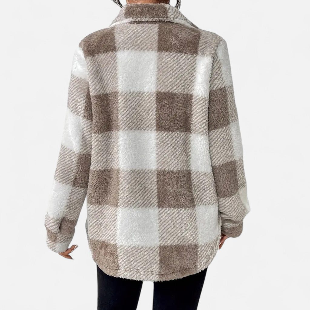 Piper Check Print Sherpa Jacket with Button Front in Khaki