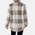 Piper Check Print Sherpa Jacket with Button Front in Khaki
