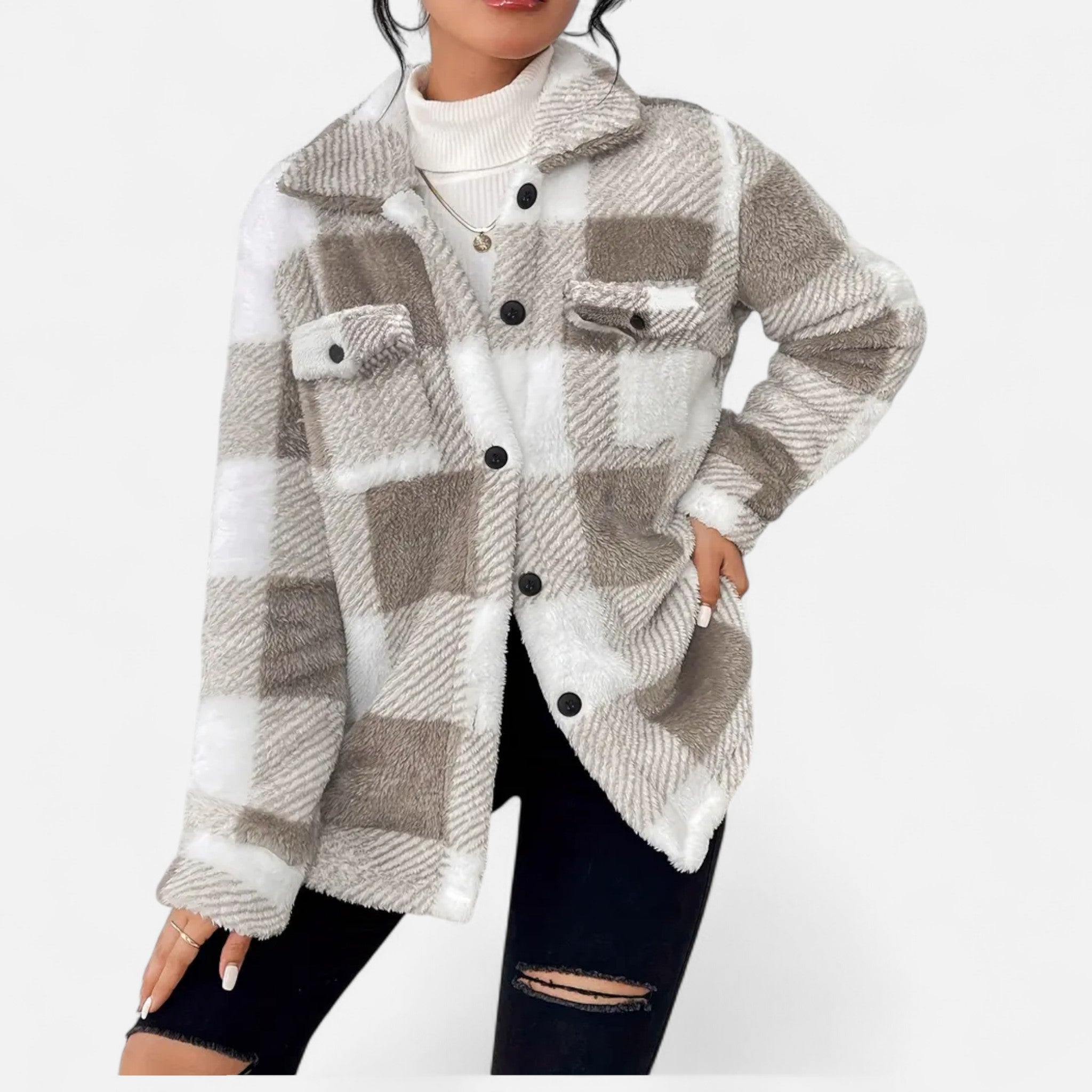 Piper Check Print Sherpa Jacket with Button Front in Khaki